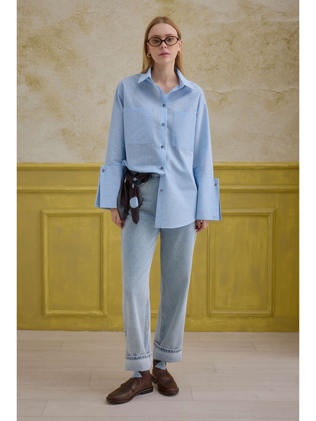 Geniş Manşetli Çizgili Gömlek Mavi-3