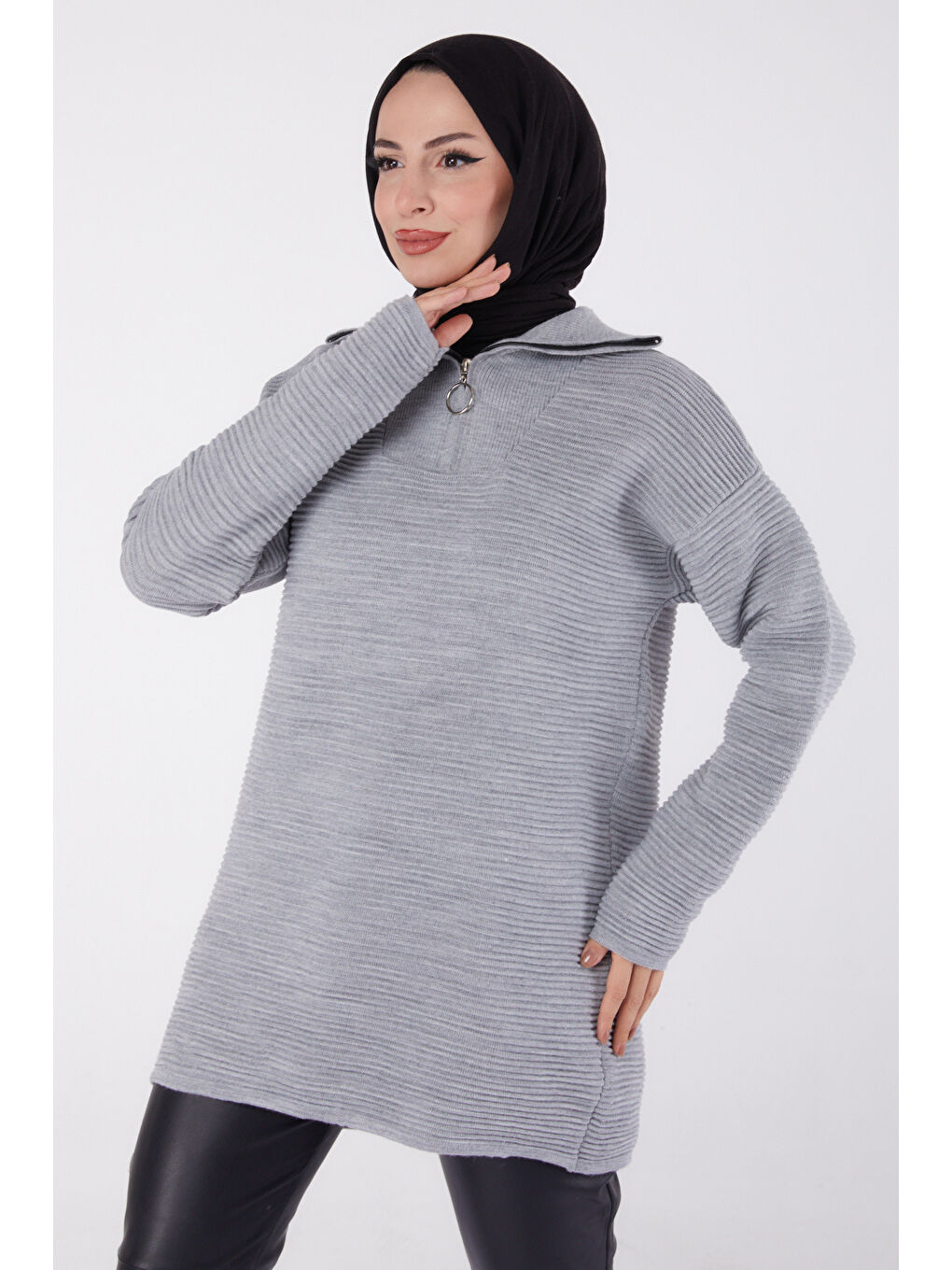 Fitili Fermuarlı Triko Kazak Gri - 27632-1