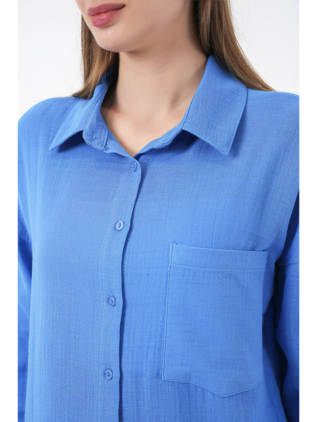 Kadın Tek Cepli Oversize Müslin Gömlek 20353 - Mavi-4