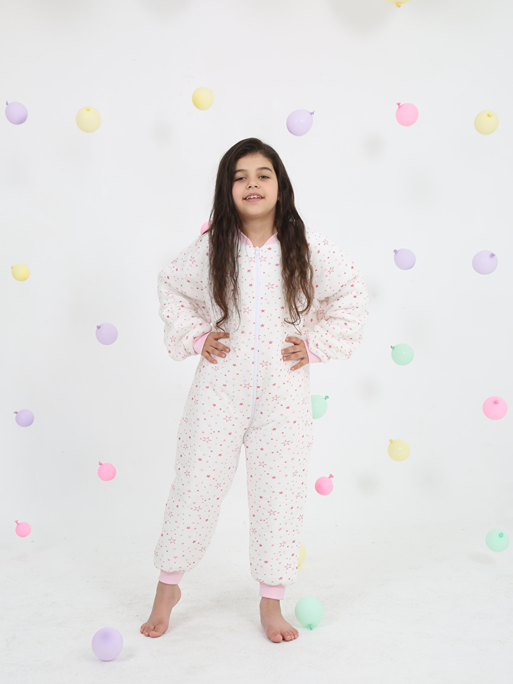 Ekru V Yaka Baskılı Elyaf Dolgulu Kız Çocuk Uyku Tulumu 10 - 12 Yaş-3