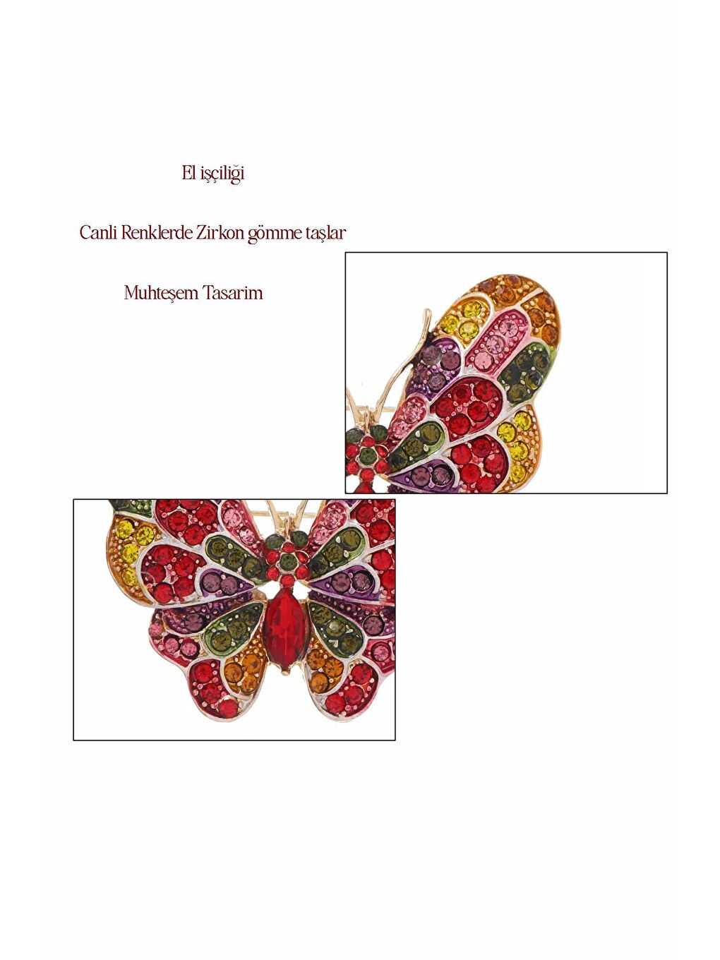 Sarı Rengarenk Zirkon Taşlı Zarif Kelebek Broş-2