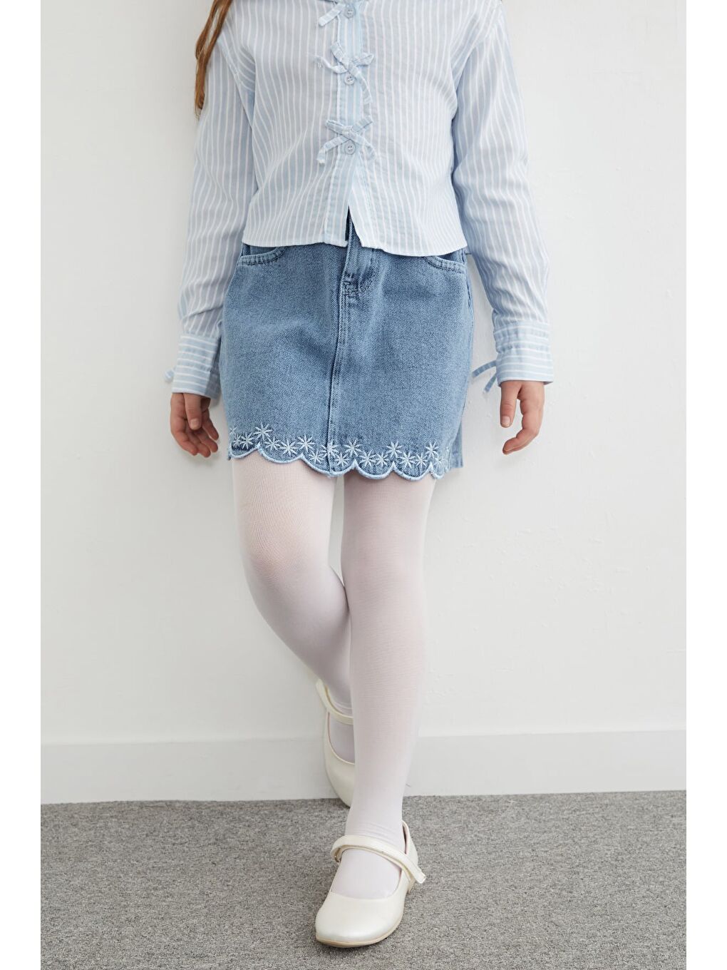 Mavi %100 Pamuk Çiçek Nakışlı Kız Çocuk Jean Etek-1