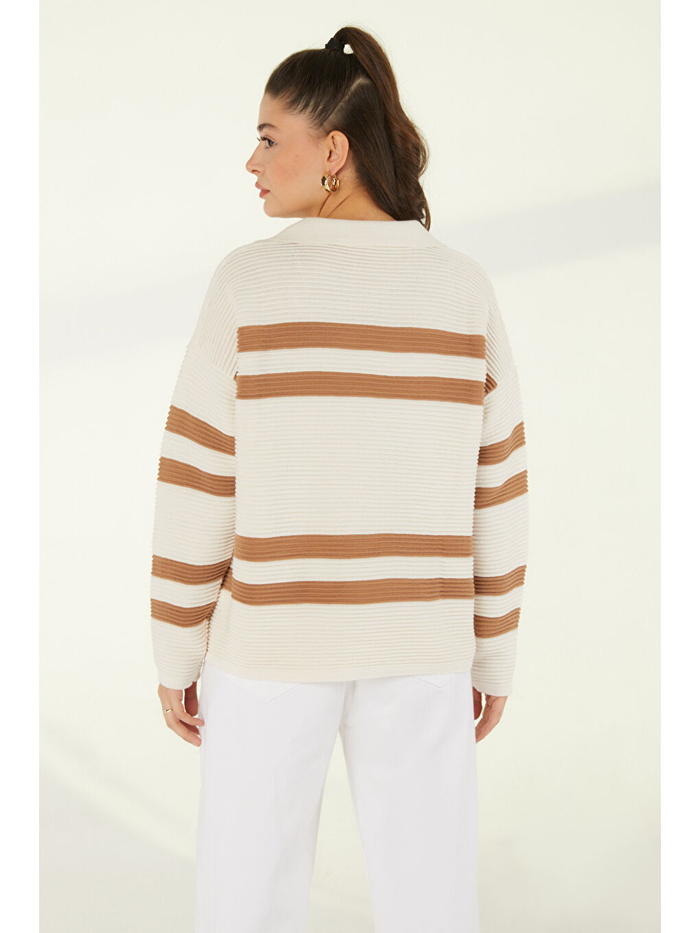 Bej Çizgili Fitilli Trkio Kazak Vizon - 27634-4