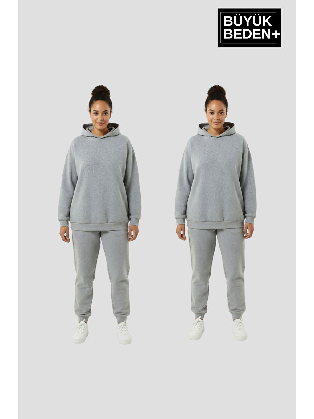 Gri Kadın Büyük Beden 2' li Set Kapüşonlu Kollar Ve Etek Ribanalı ince Swatshırt SPR26BSWK957+2