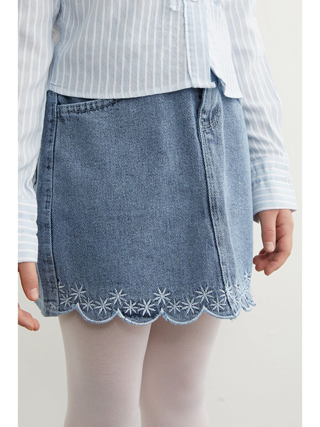 Mavi %100 Pamuk Çiçek Nakışlı Kız Çocuk Jean Etek-2