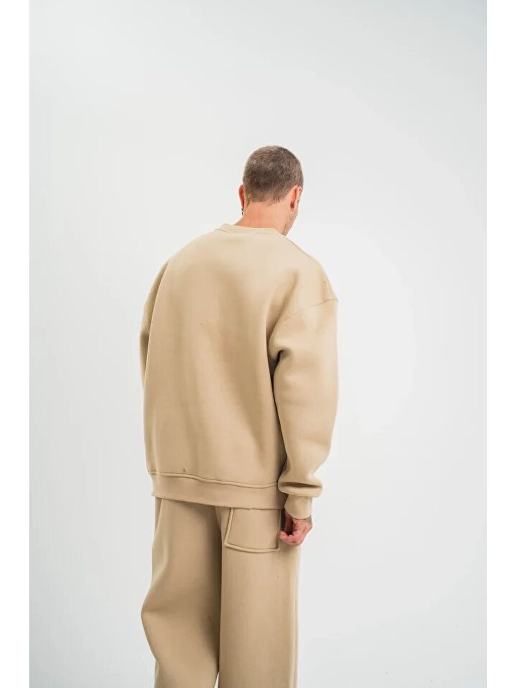 Uzun Kol Bisiklet Yaka Basic SweatShirt - Bej-1