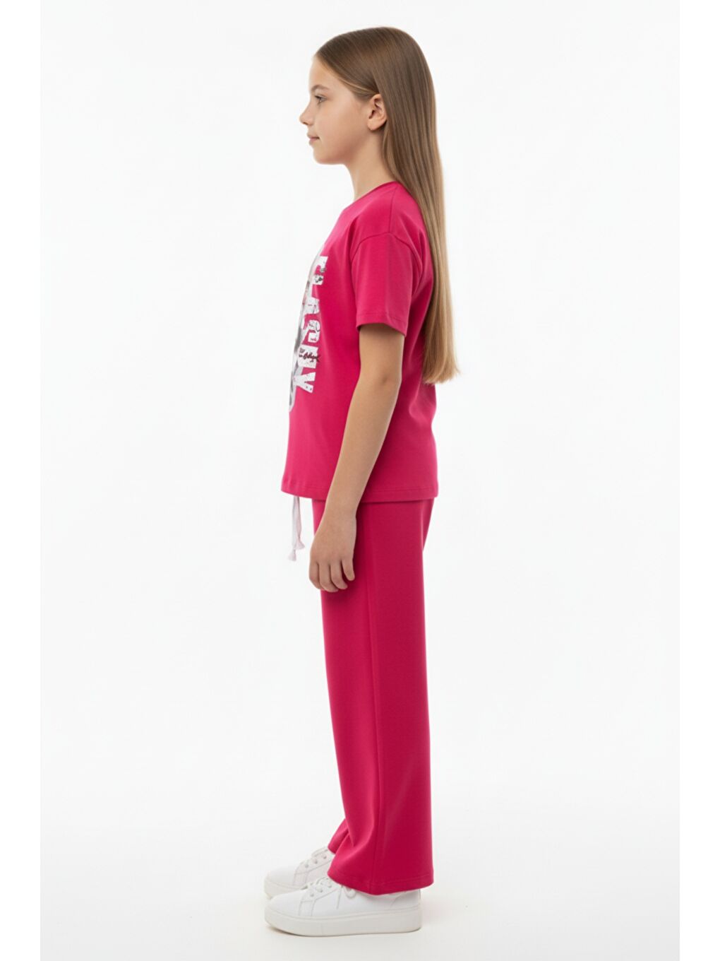 Fuşya Kız Çocuk 2'li  Eşofman Takım Bisiklet Yaka Kısa Kollu Baskılı Tişört - Beli Lastikli Bağlamalı Cepl-1