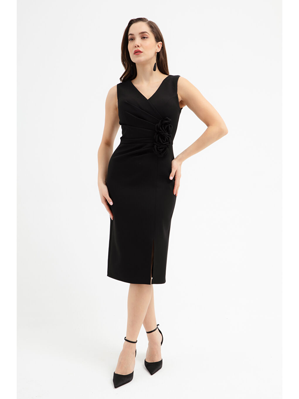 Kadın Siyah Çiçek Detaylı Söz Nişan Nikah Abiye Elbise-1