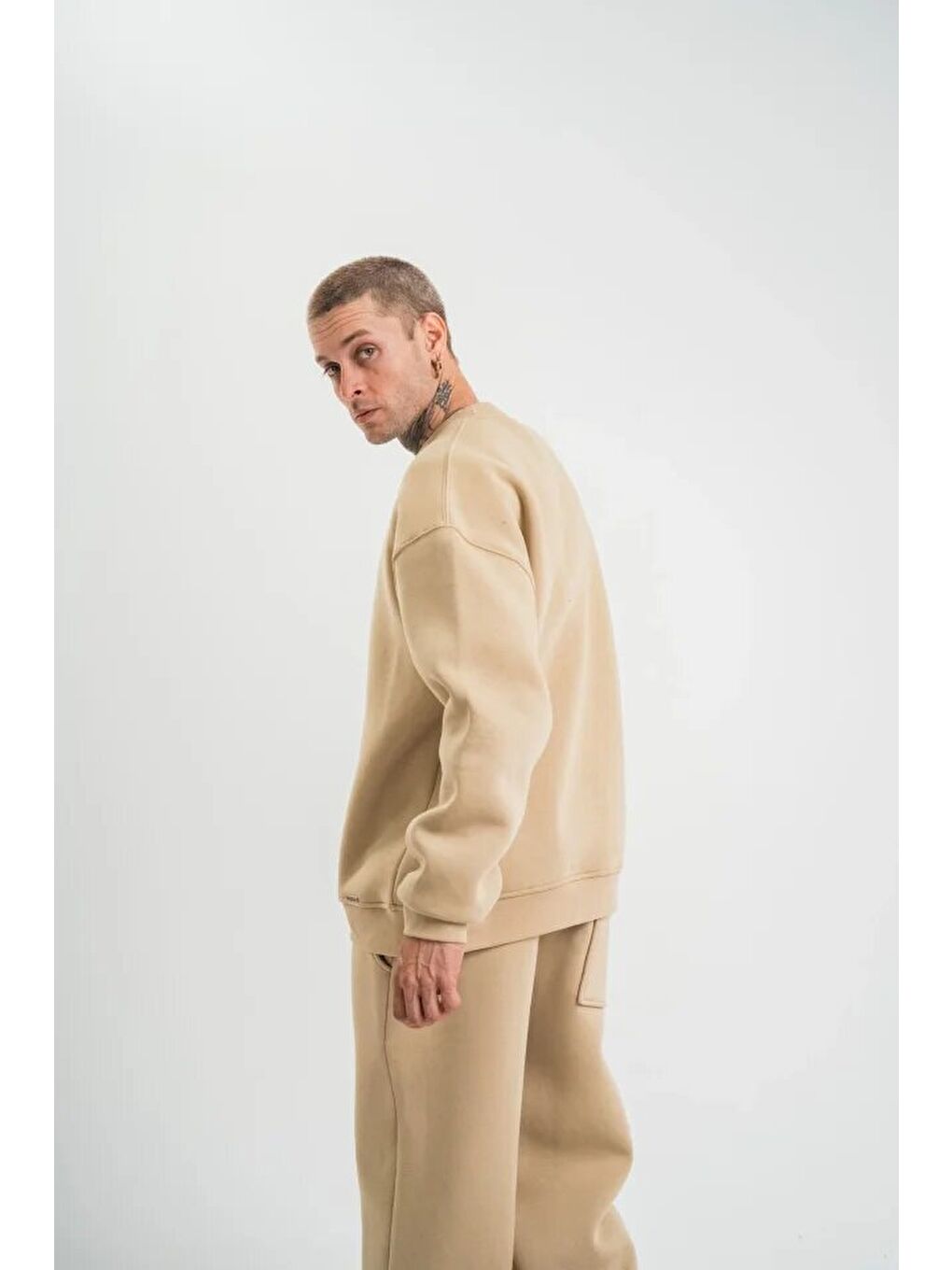 Uzun Kol Bisiklet Yaka Basic SweatShirt - Bej-2