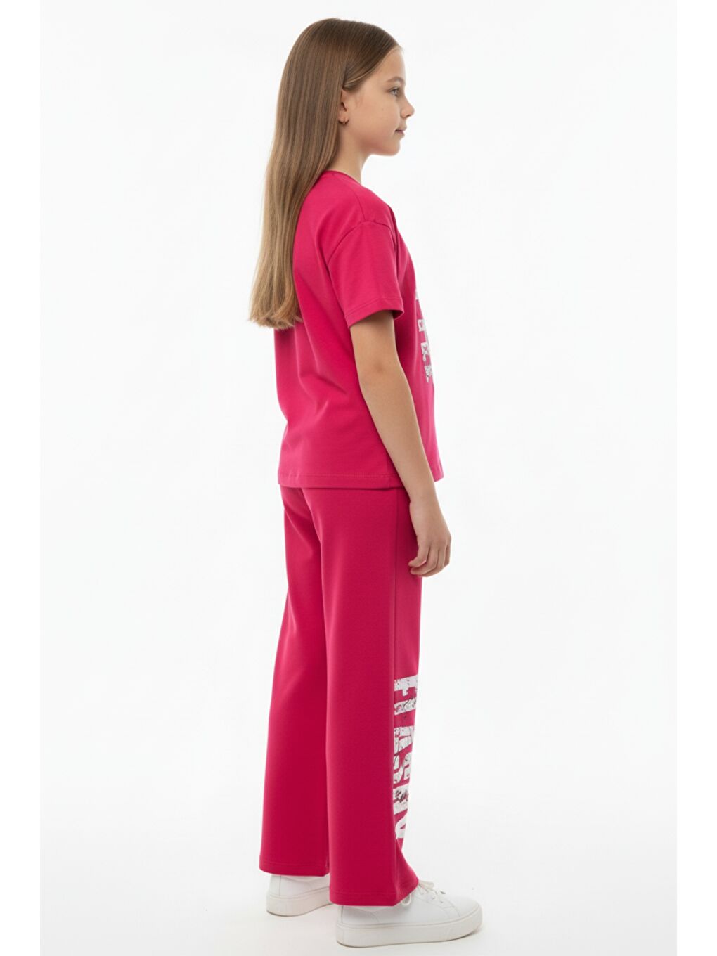 Fuşya Kız Çocuk 2'li  Eşofman Takım Bisiklet Yaka Kısa Kollu Baskılı Tişört - Beli Lastikli Bağlamalı Cepl-2