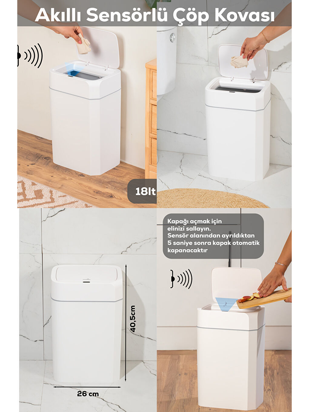 Beyaz Me02 Hareket Sensörlü Sessiz Çöp Kutusu 18 lt