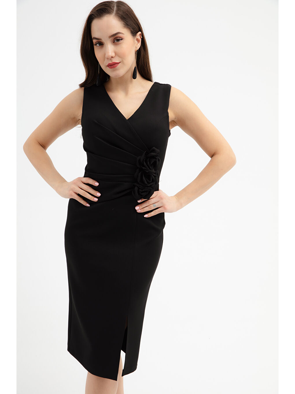 Kadın Siyah Çiçek Detaylı Söz Nişan Nikah Abiye Elbise-3