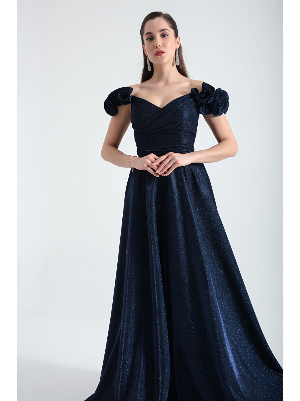 Kadın Lacivert Kolları Fırfırlı Simli Uzun Abiye Elbise-1