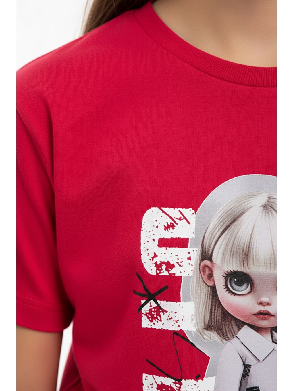 Fuşya Kız Çocuk 2'li  Eşofman Takım Bisiklet Yaka Kısa Kollu Baskılı Tişört - Beli Lastikli Bağlamalı Cepl-3