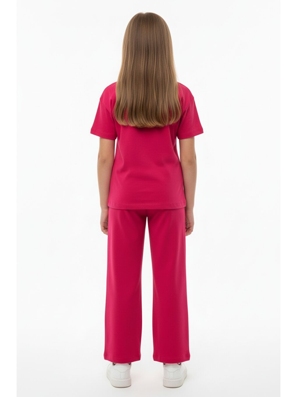 Fuşya Kız Çocuk 2'li  Eşofman Takım Bisiklet Yaka Kısa Kollu Baskılı Tişört - Beli Lastikli Bağlamalı Cepl-4