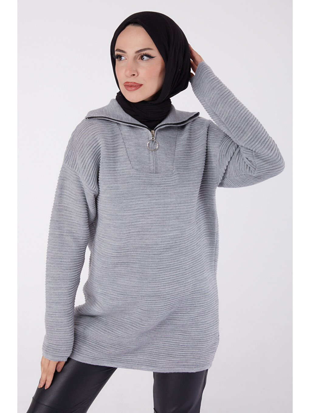 Fitili Fermuarlı Triko Kazak Gri - 27632-2