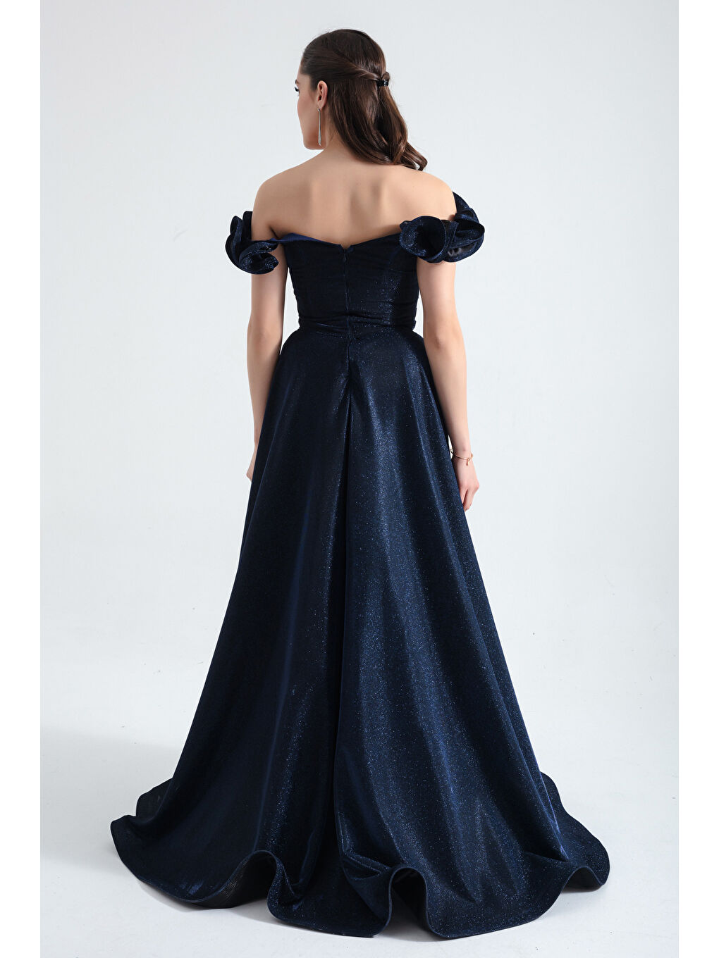 Kadın Lacivert Kolları Fırfırlı Simli Uzun Abiye Elbise-4