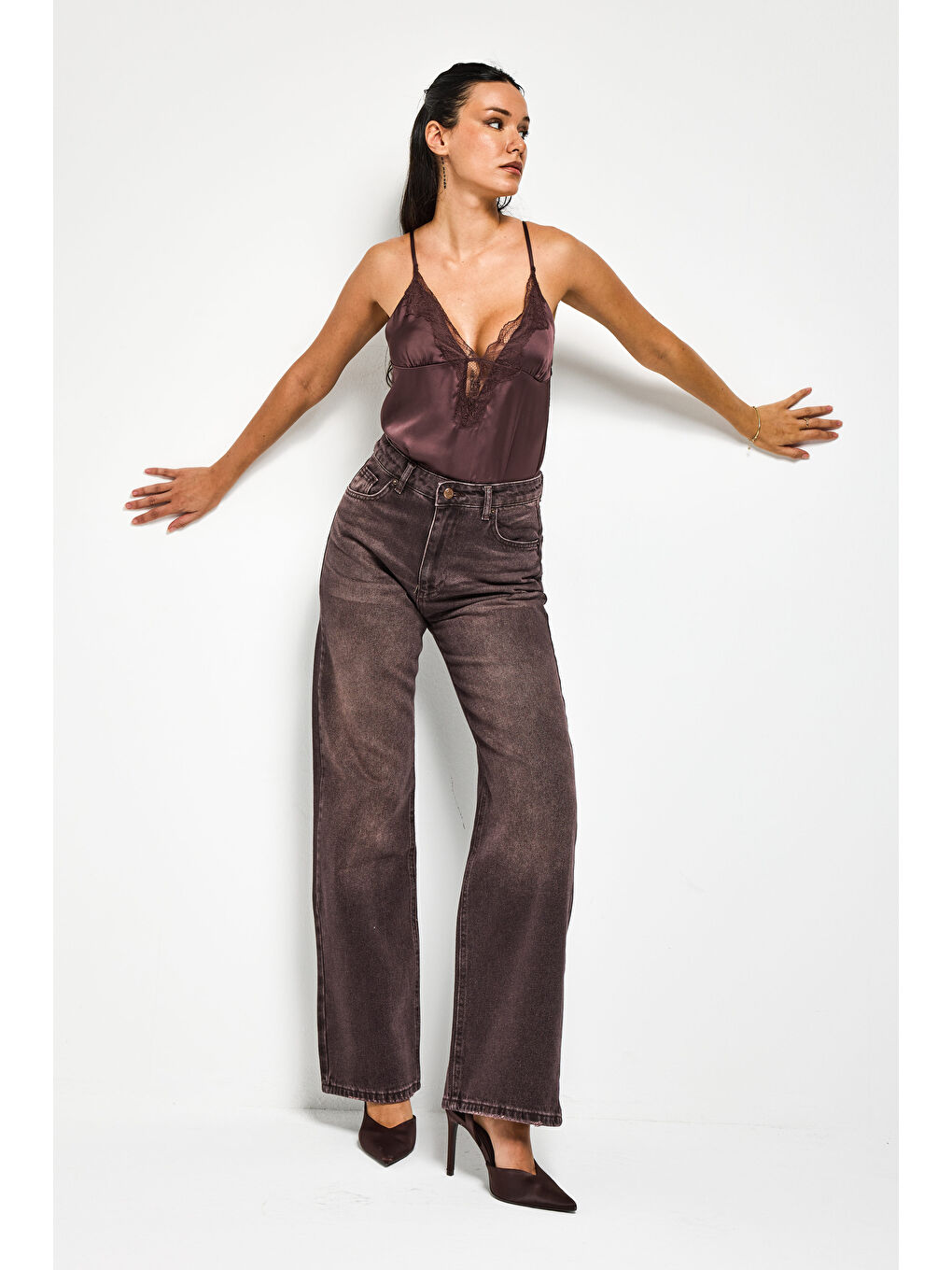 Kahverengi Kadın Koyu Kahve Doris 2s6-16 Straight Fit Yüksek Bel %100 Pamuk Denim Jean-2