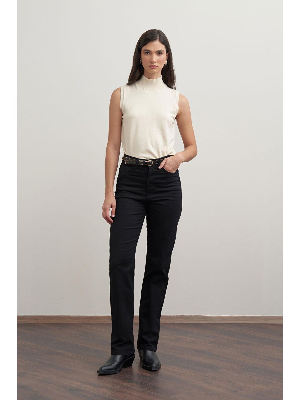 Siyah-Boru Paça Gabardin Pantolon