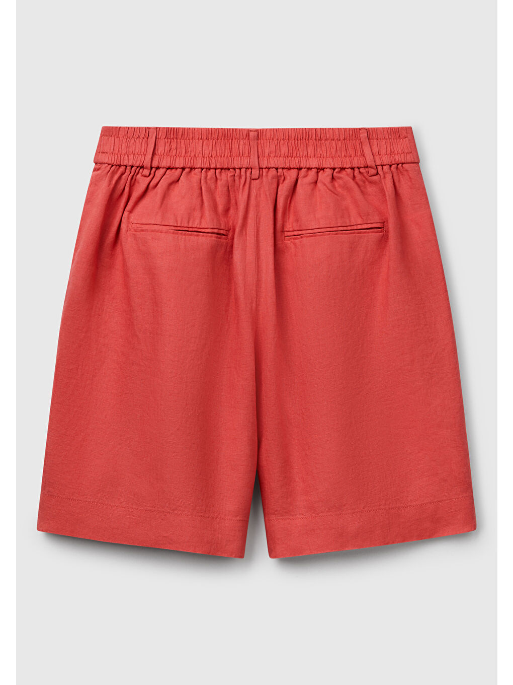 Kadın Mercan %100 Keten Arka Beli Lastikli Pileli Relax Fit Bermuda Şort-3
