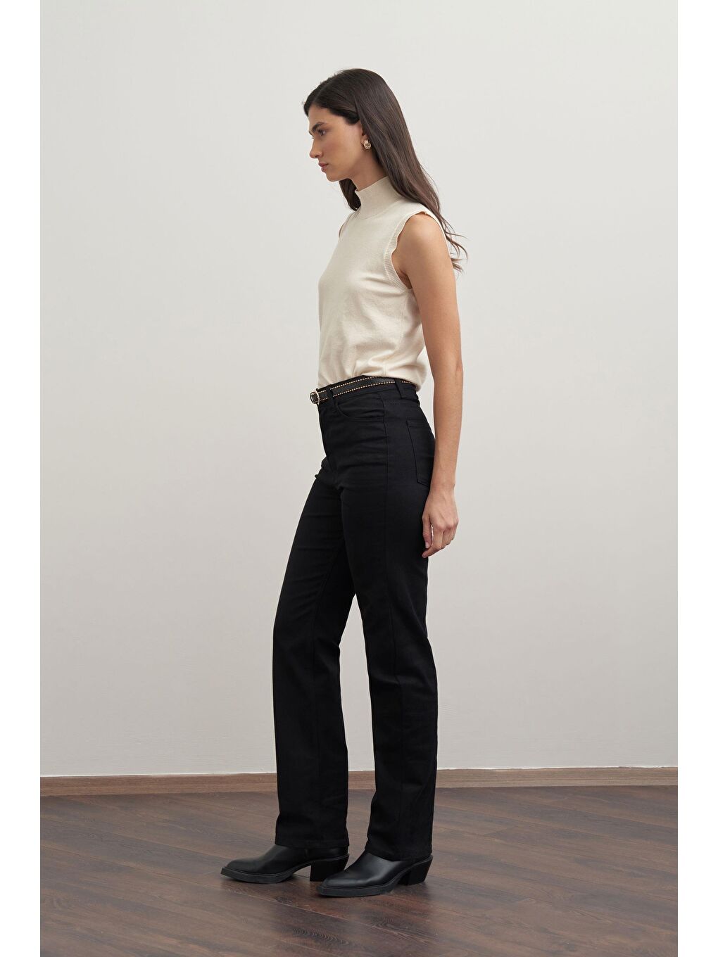 Siyah-Boru Paça Gabardin Pantolon-1