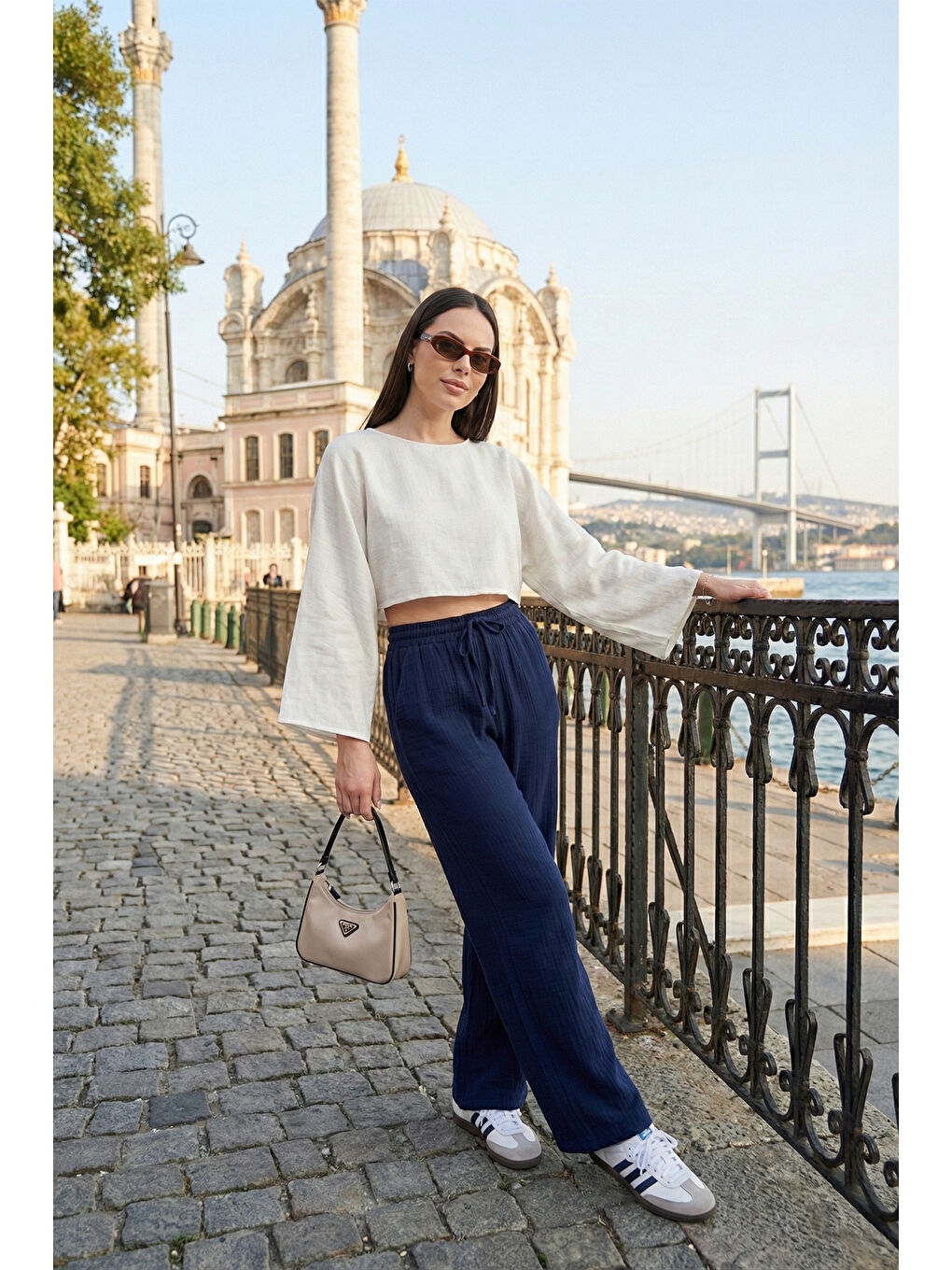 Lacivert Pamuklu Bağlamalı Relaxed Fit Yüksek Bel Geniş Paça Kadın Müslim Pantolon 5866663