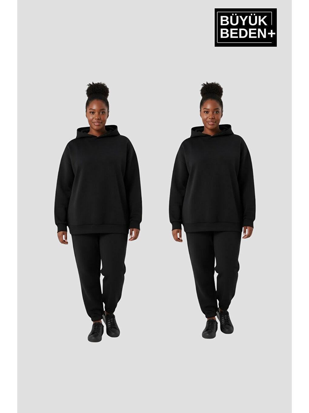Siyah Kadın Büyük Beden 2' li Set Kapüşonlu Kollar Ve Etek Ribanalı ince Swatshırt SPR26BSWK957+2
