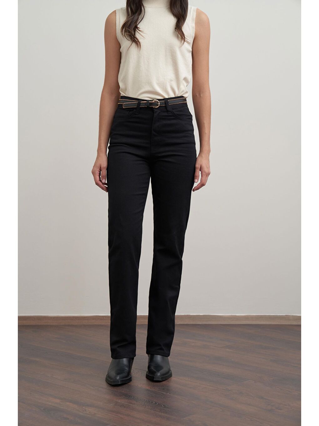 Siyah-Boru Paça Gabardin Pantolon-3