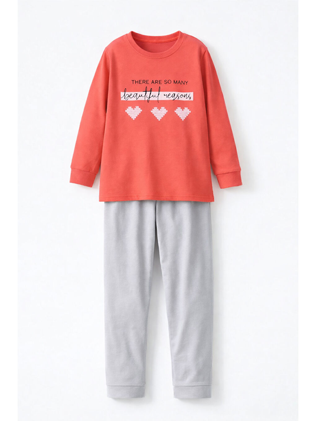 Genç Kız Çocuk Pamuklu Desenli Pijama Takımı 8412 Mercan02