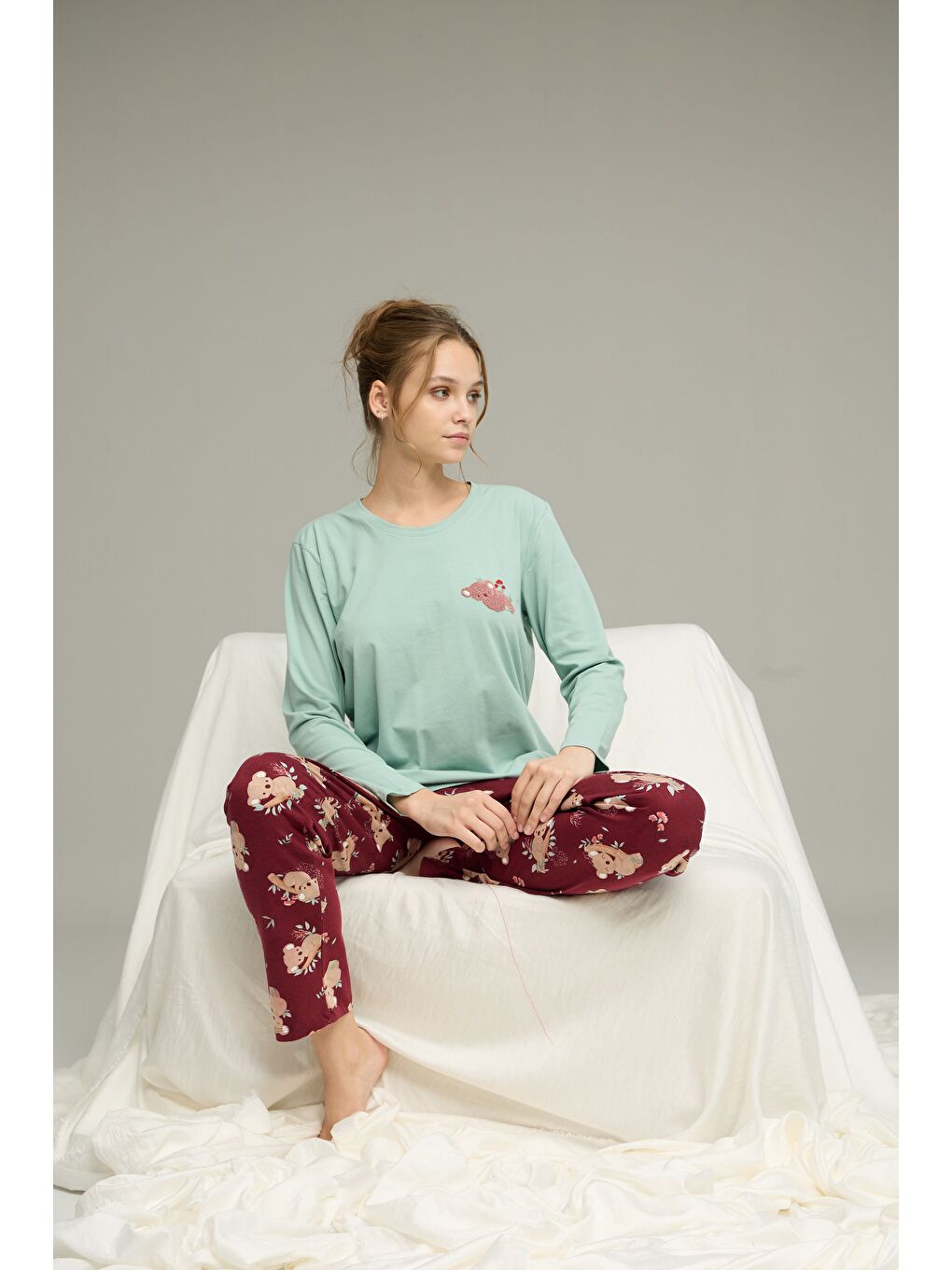 Yeşil Bordo Koala Desenli Pamuklu Bisiklet Yaka Örme Pijama Takım25241156