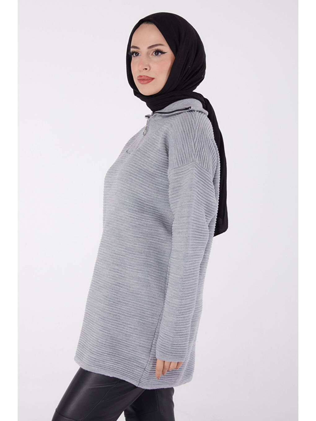 Fitili Fermuarlı Triko Kazak Gri - 27632-3