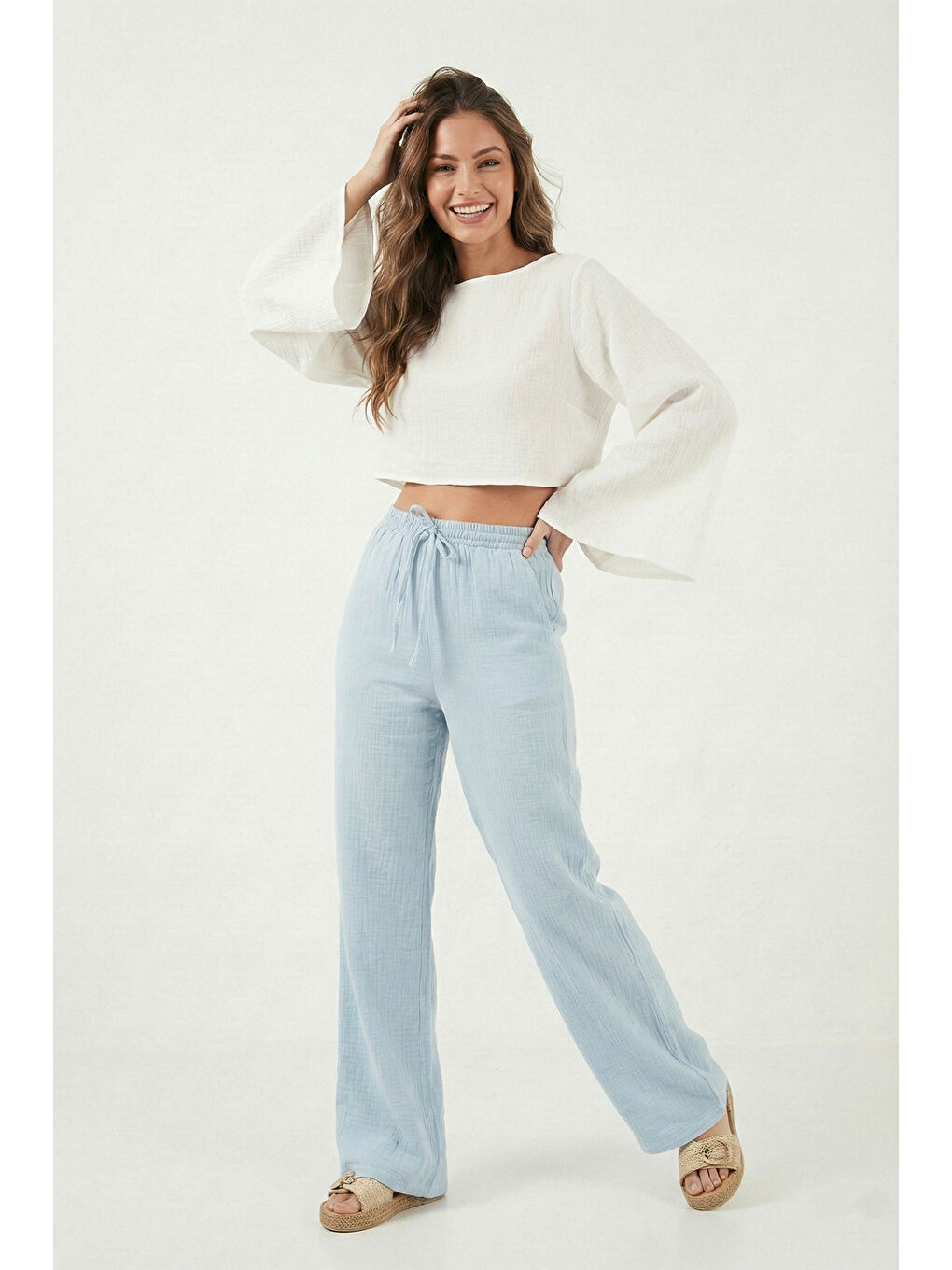 Mavi Pamuklu Bağlamalı Relaxed Fit Yüksek Bel Geniş Paça Kadın Müslim Pantolon 5866663-2