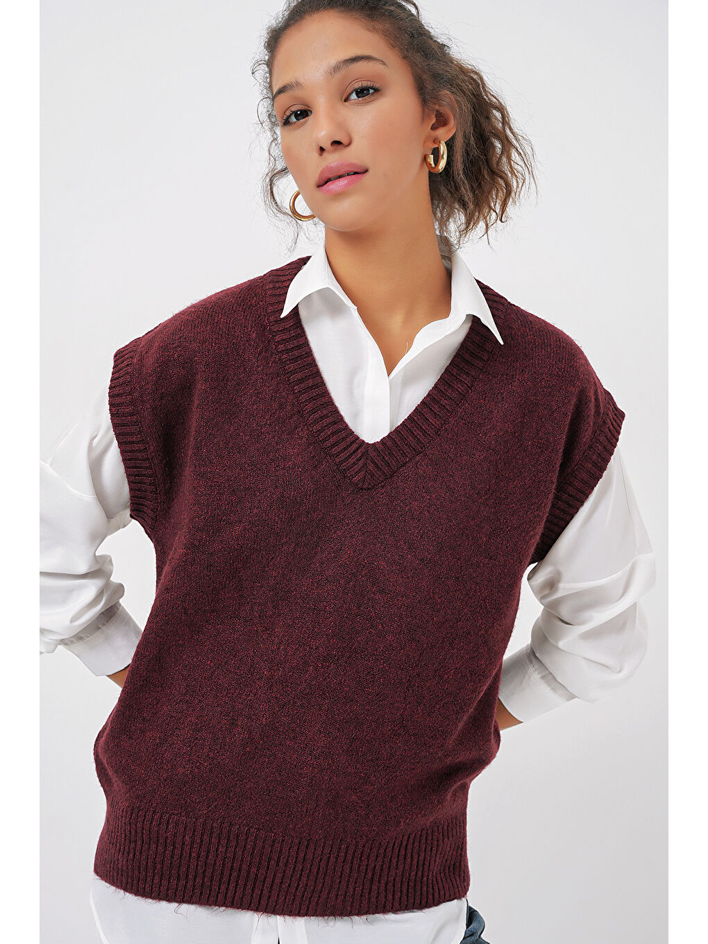 15914 V Yaka Triko Süveter - Bordo