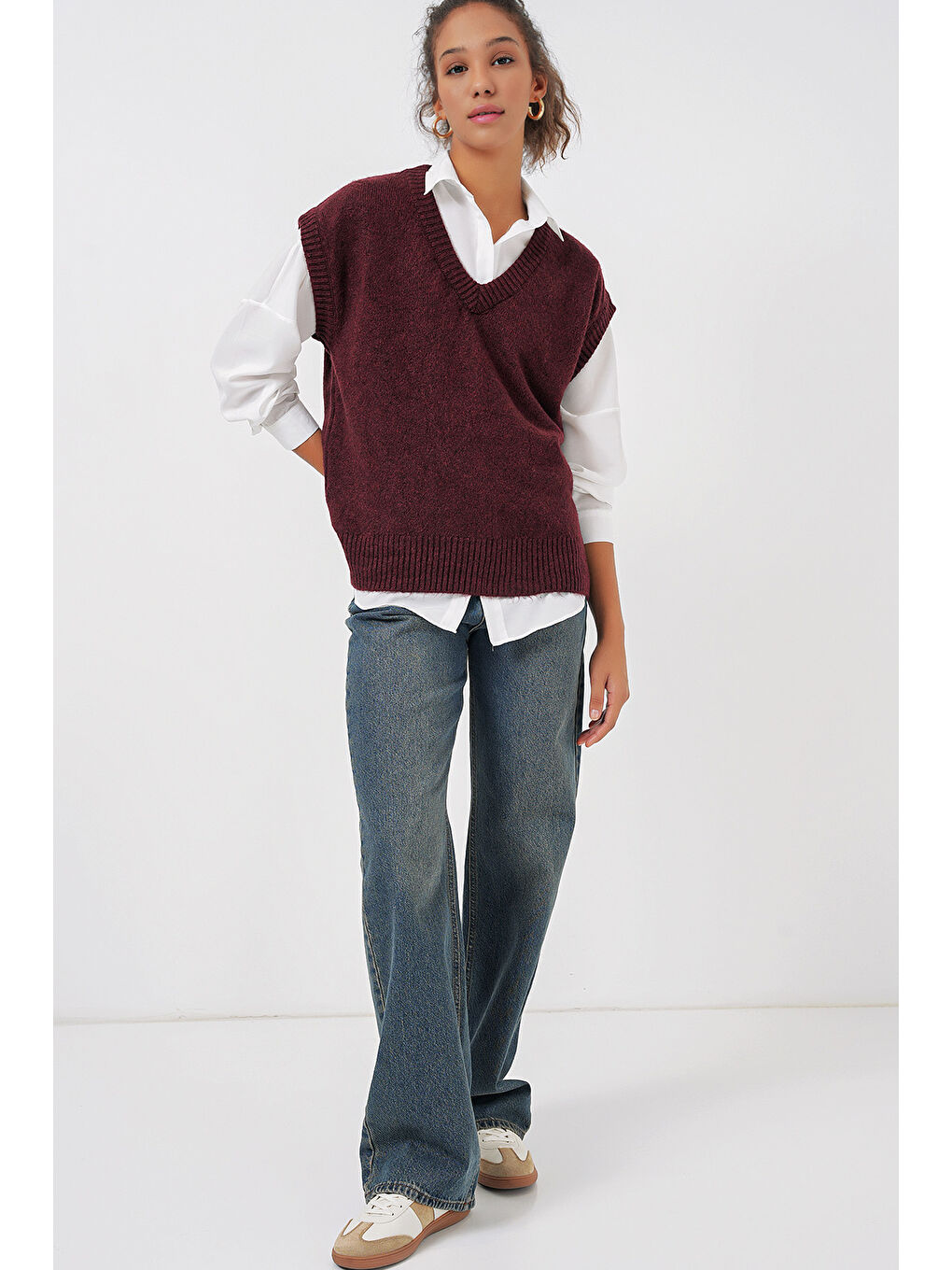 15914 V Yaka Triko Süveter - Bordo-1