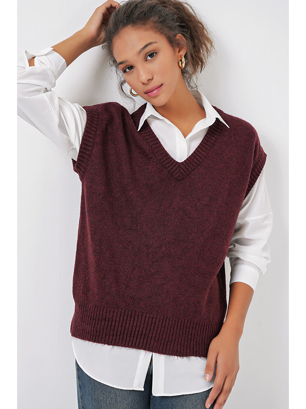 15914 V Yaka Triko Süveter - Bordo-2