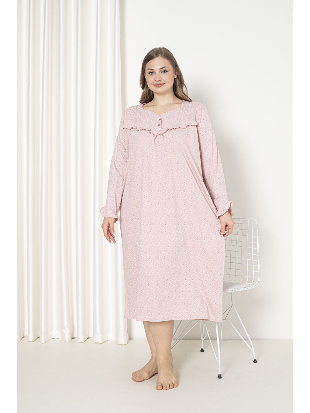 Pembe %100 Pamuklu Mevsimlik Uzun Kol Penye Büyük Beden Anne Gecelik 180-1