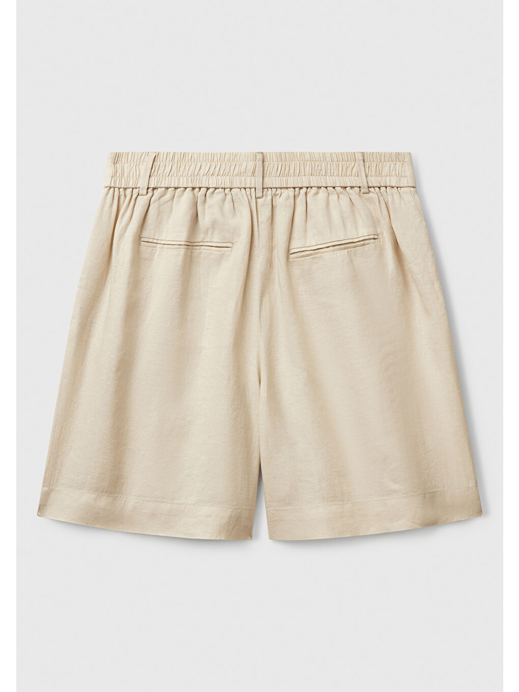 Bej Kadın Taş Rengi %100 Keten Arka Beli Lastikli Pileli Relax Fit Bermuda Şort-3