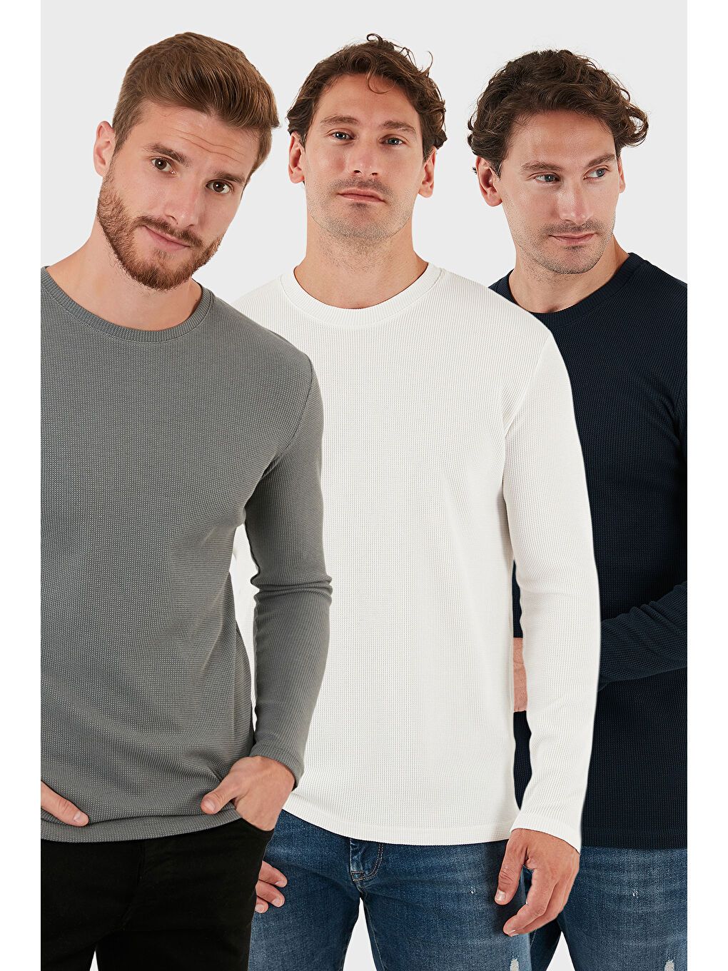 Ekru Pamuklu Bisklet Yaka Slim Fit Basic 3'lü Paket Sweat 5905073S3