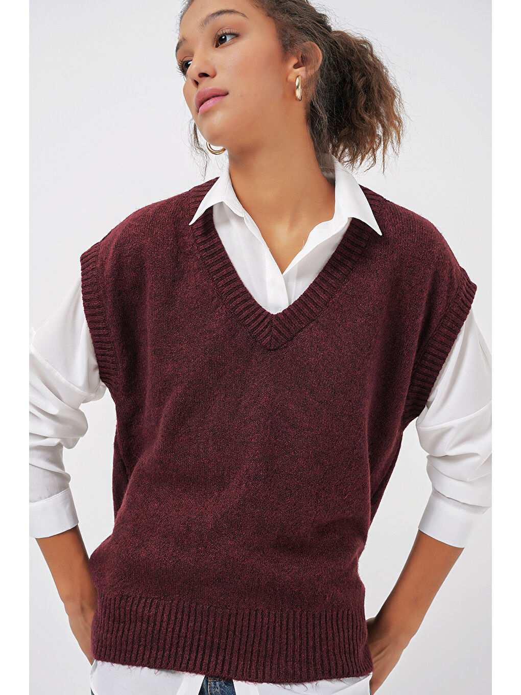 15914 V Yaka Triko Süveter - Bordo-3