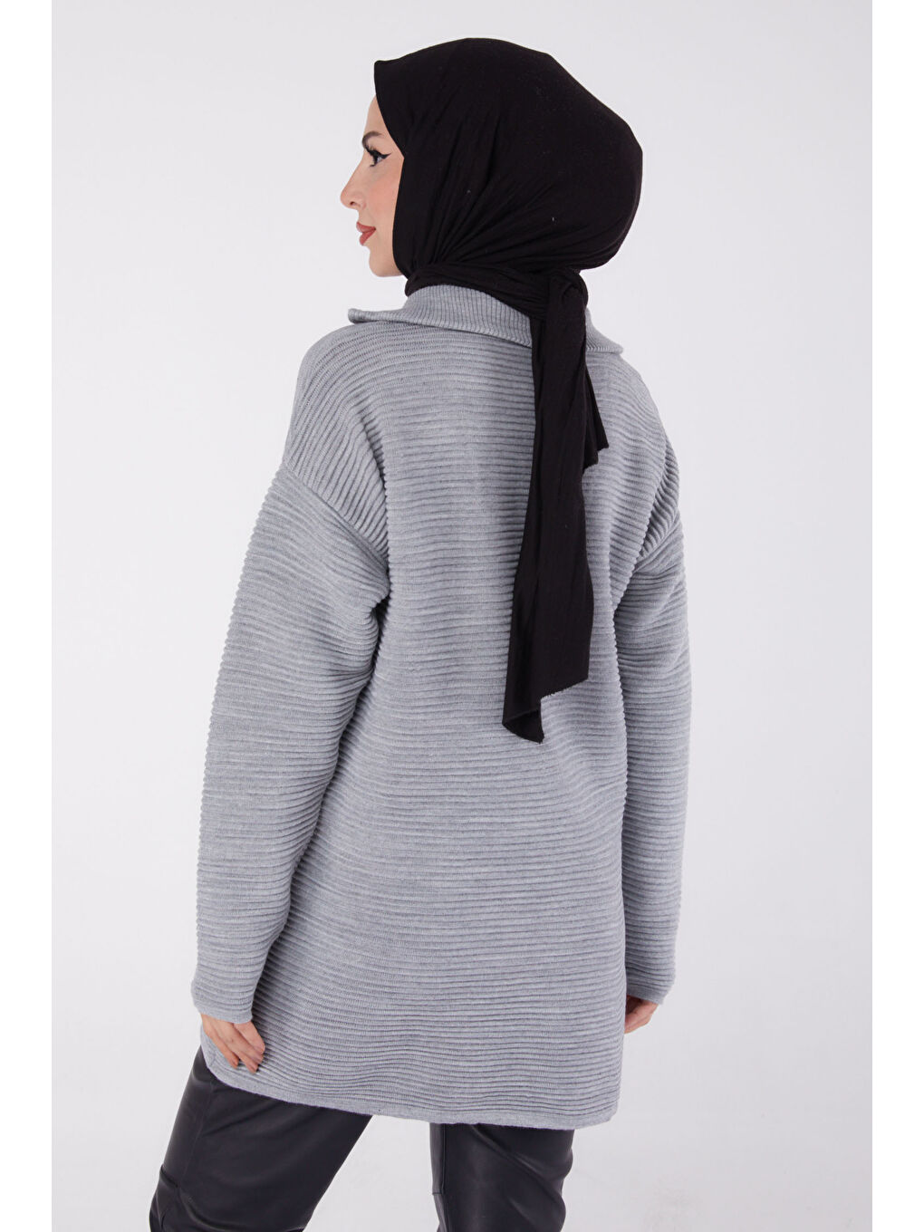 Fitili Fermuarlı Triko Kazak Gri - 27632-4