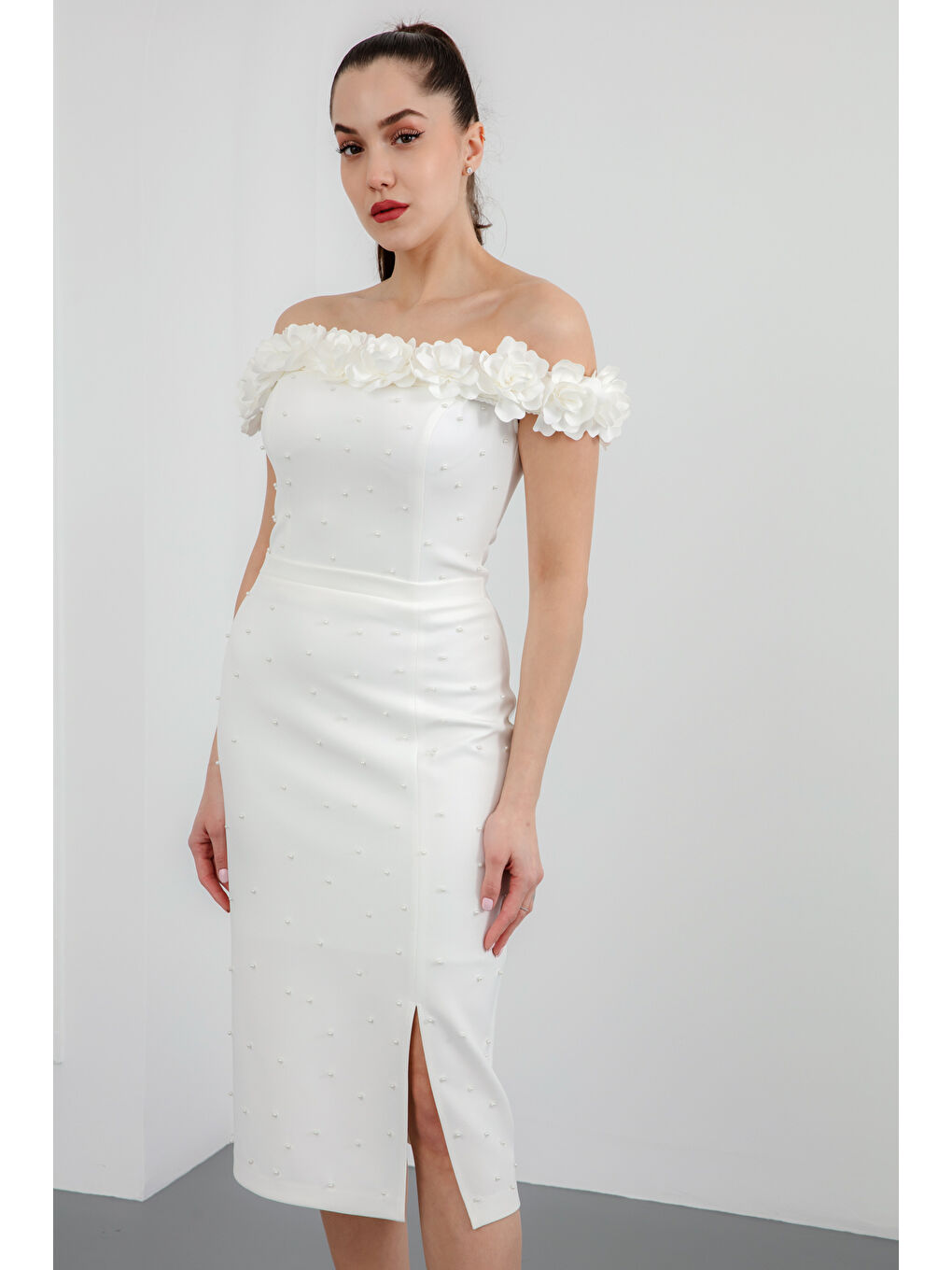 Kadın Beyaz Yakası Çiçekli İncili Söz Nişan Nikah Abiye Elbise-2