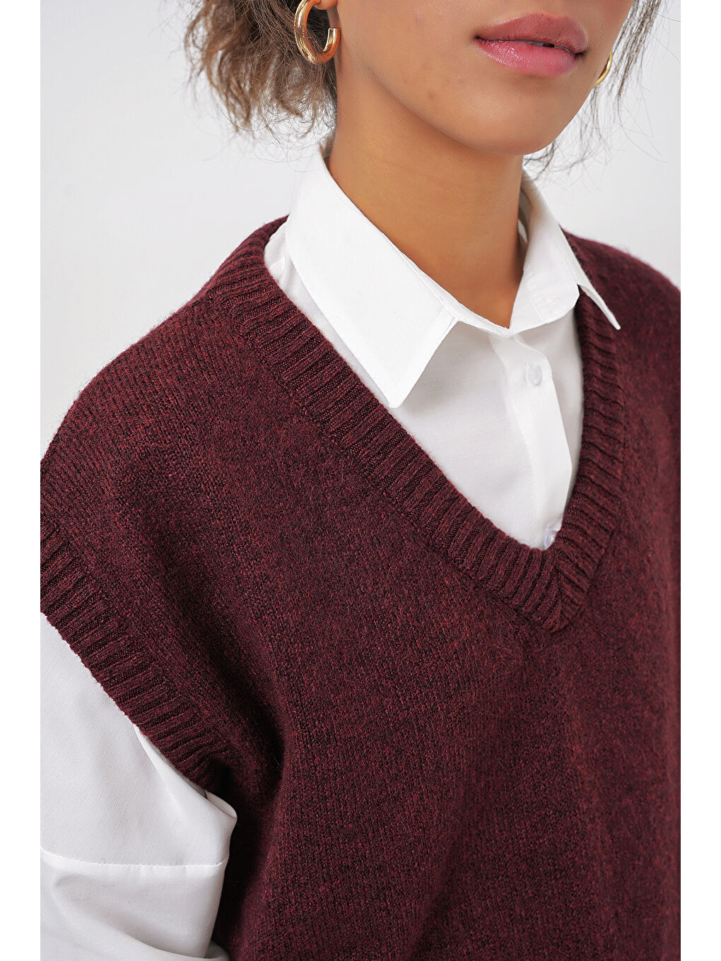 15914 V Yaka Triko Süveter - Bordo-4