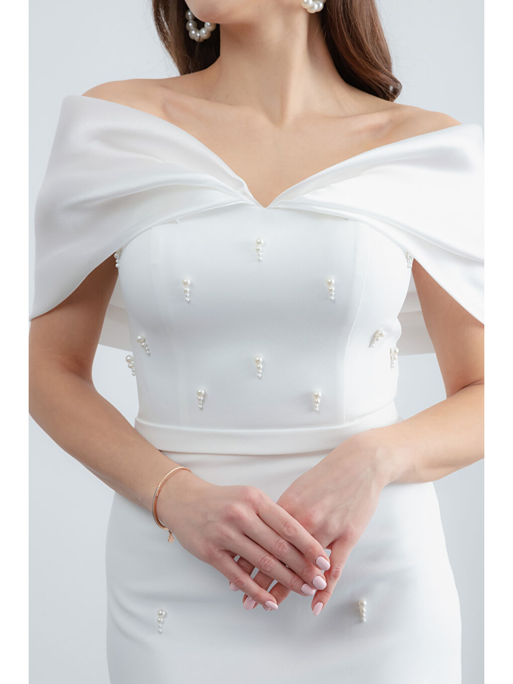 Kadın Beyaz Kayık Yaka İncili Söz Nişan Nikah Abiye Elbise-2