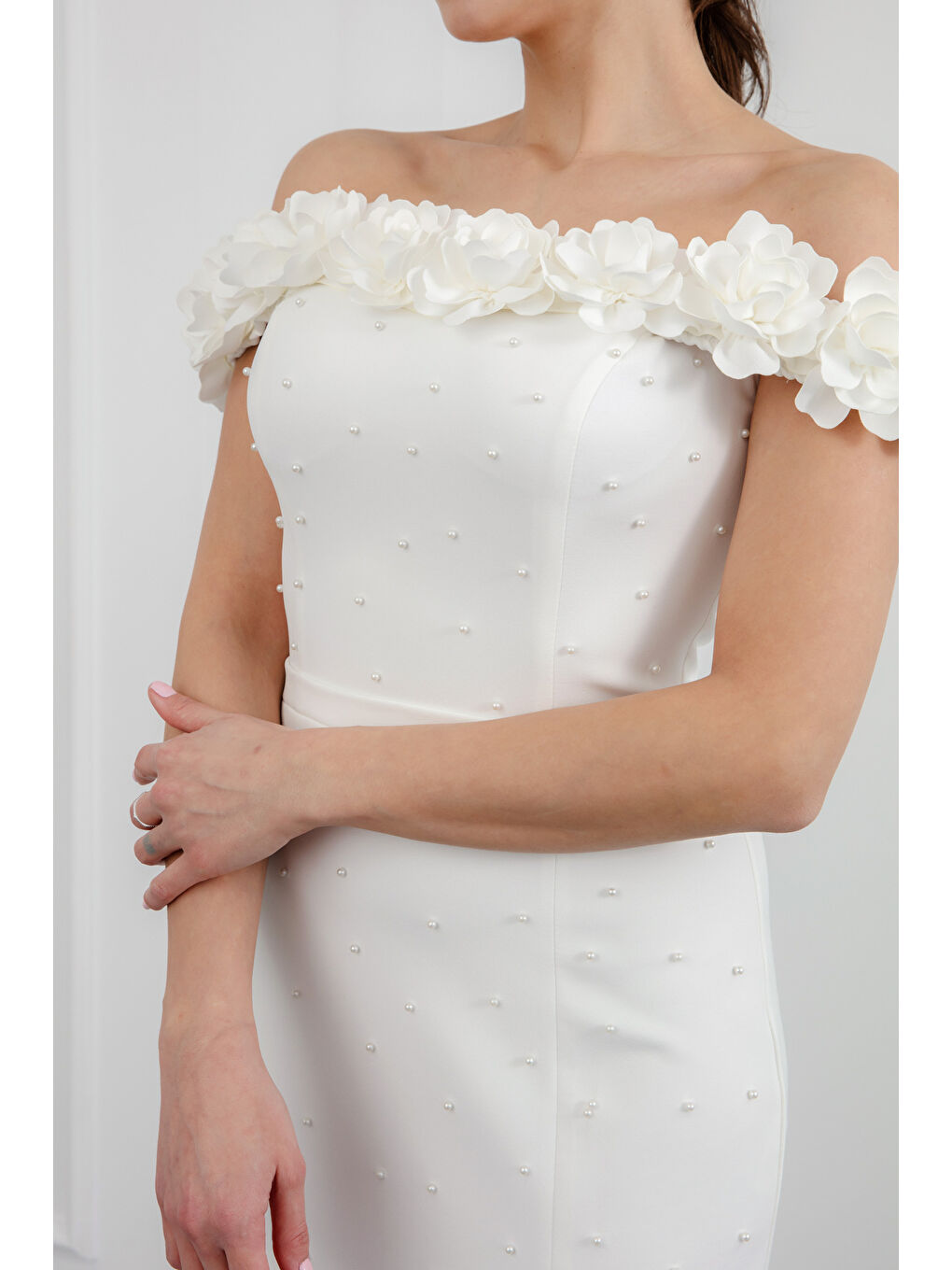 Kadın Beyaz Yakası Çiçekli İncili Söz Nişan Nikah Abiye Elbise-3