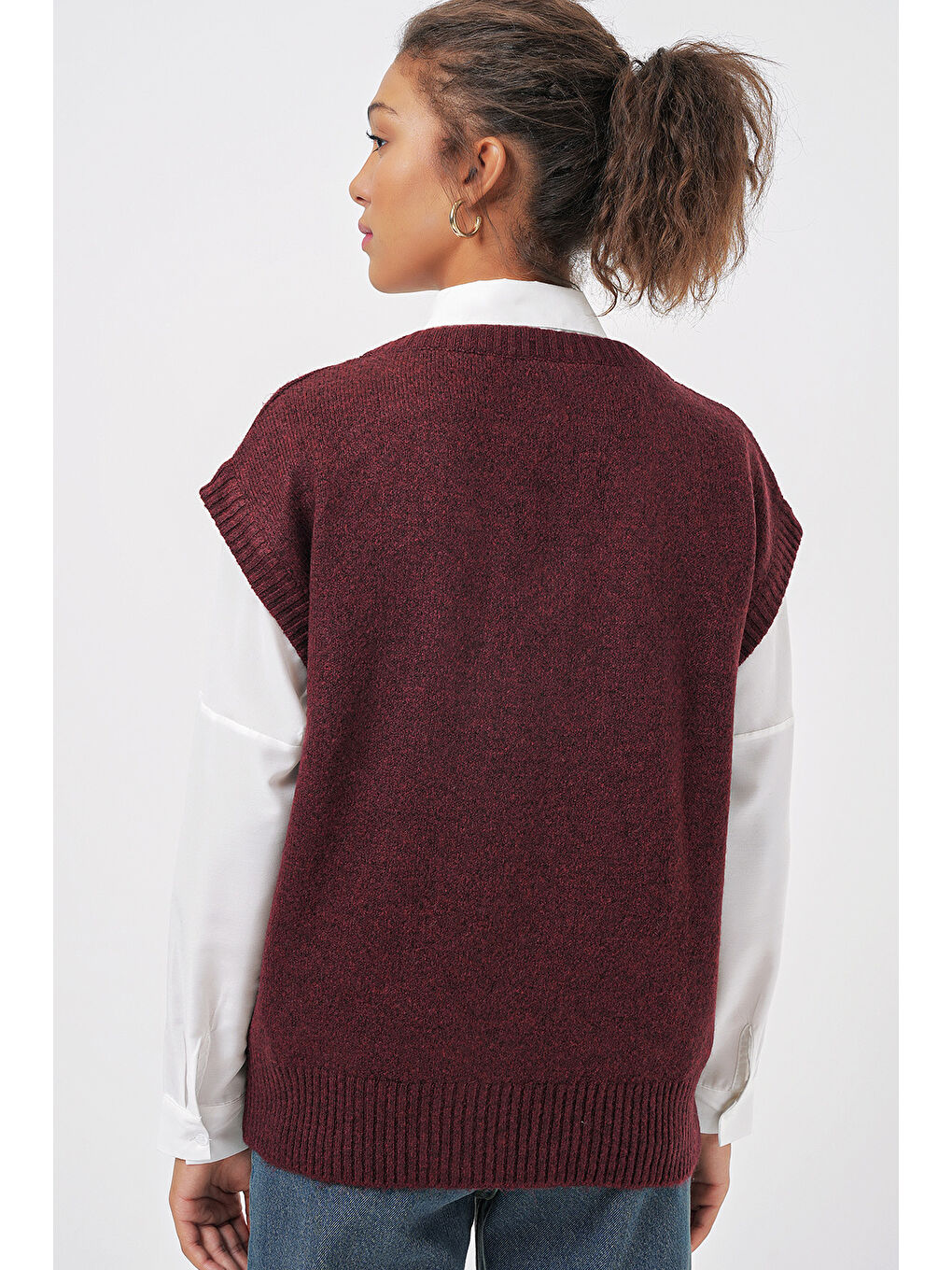 15914 V Yaka Triko Süveter - Bordo-5