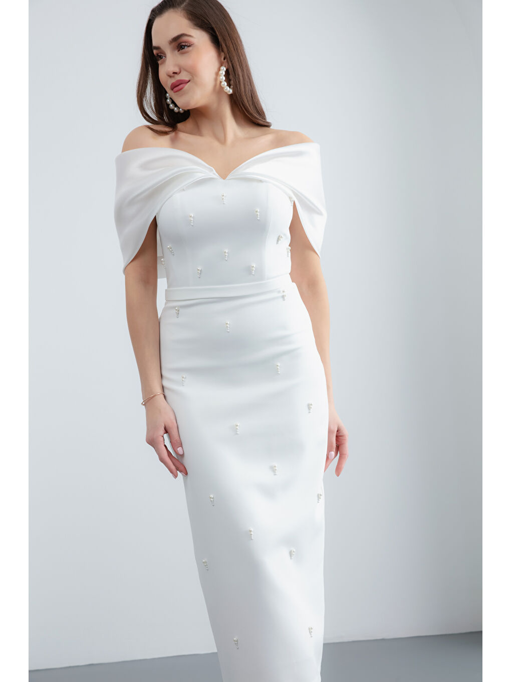 Kadın Beyaz Kayık Yaka İncili Söz Nişan Nikah Abiye Elbise-3