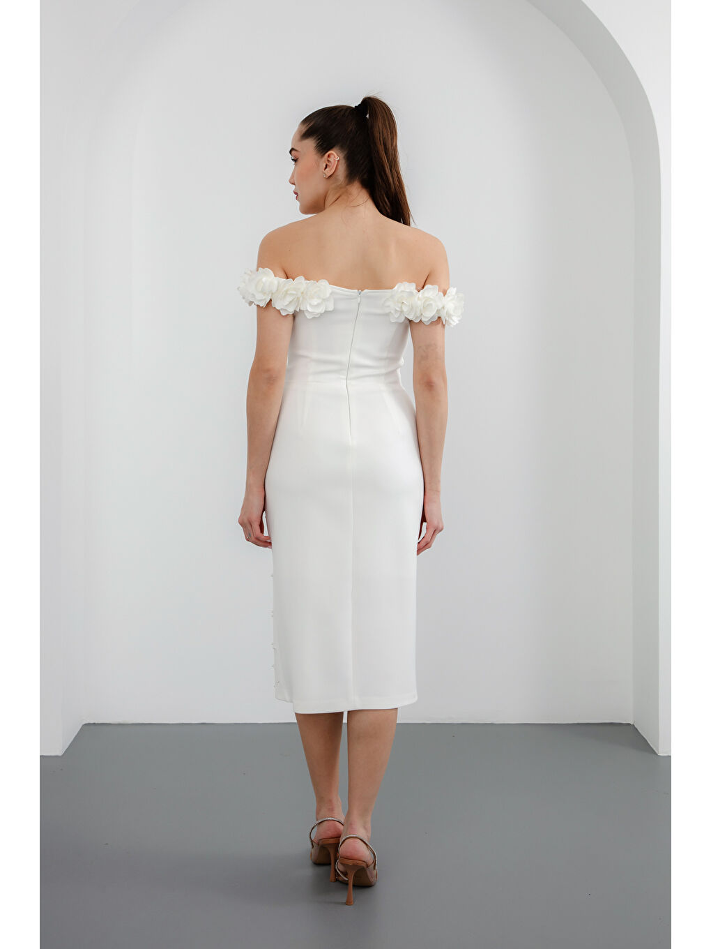 Kadın Beyaz Yakası Çiçekli İncili Söz Nişan Nikah Abiye Elbise-4