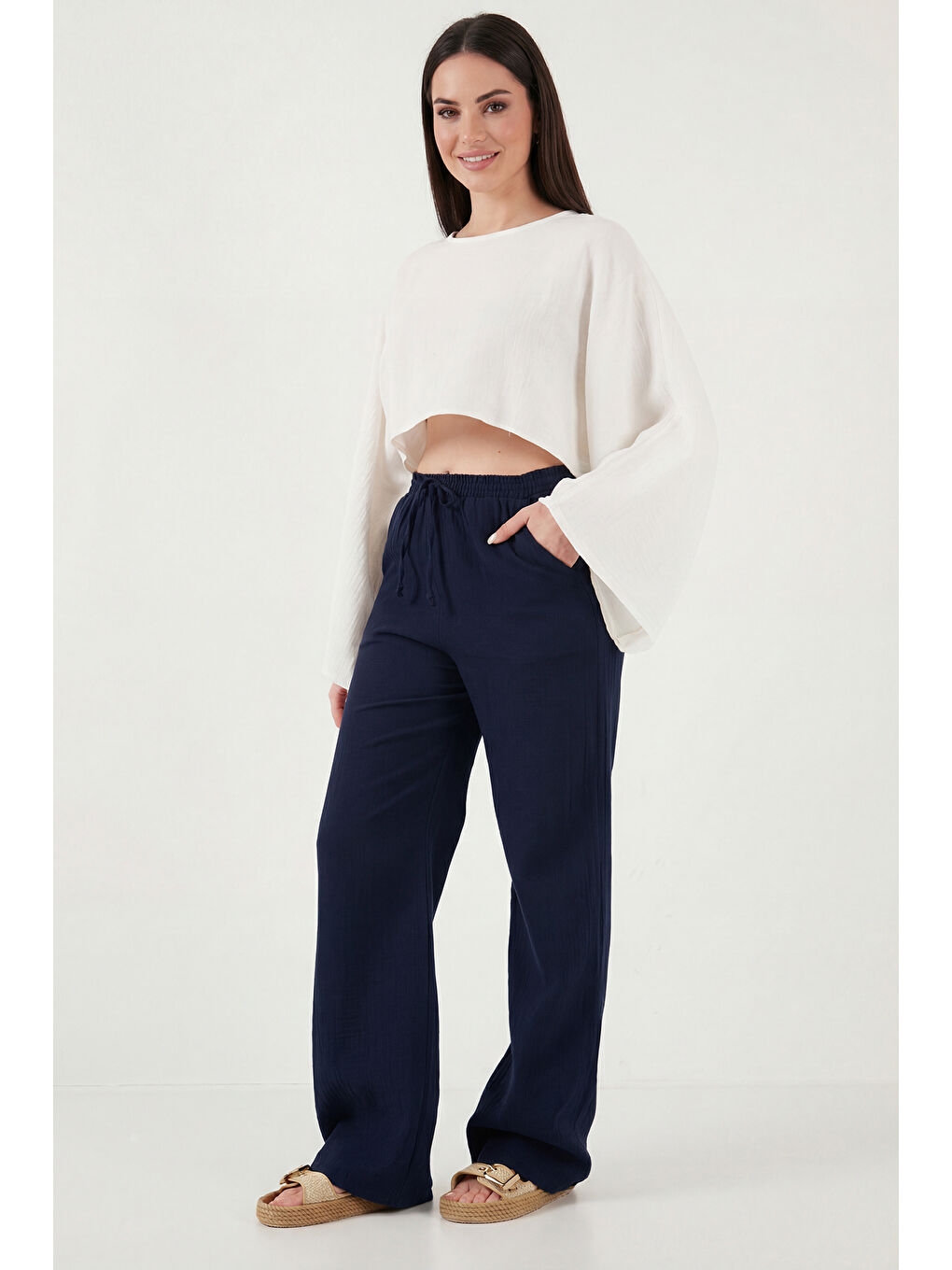 Lacivert Pamuklu Bağlamalı Relaxed Fit Yüksek Bel Geniş Paça Kadın Müslim Pantolon 5866663-3