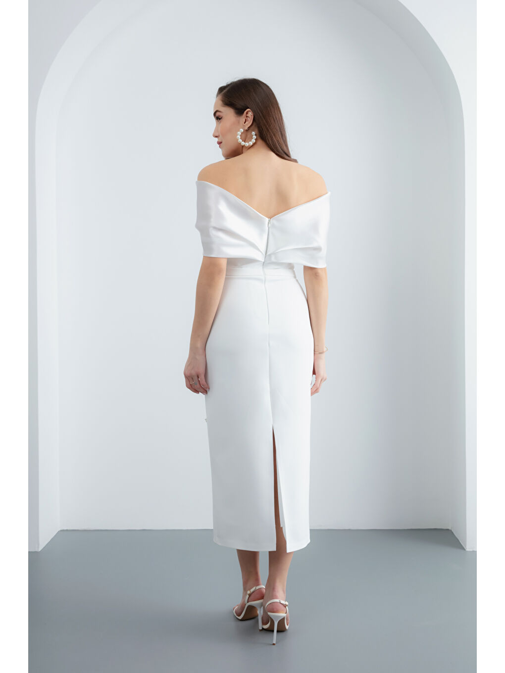 Kadın Beyaz Kayık Yaka İncili Söz Nişan Nikah Abiye Elbise-4