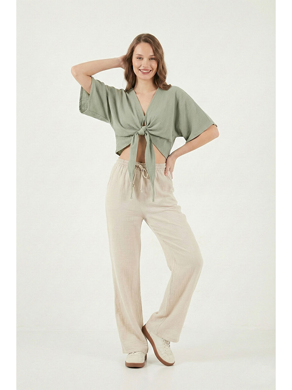 Bej Pamuklu Bağlamalı Relaxed Fit Yüksek Bel Geniş Paça Kadın Müslim Pantolon 5866663-1